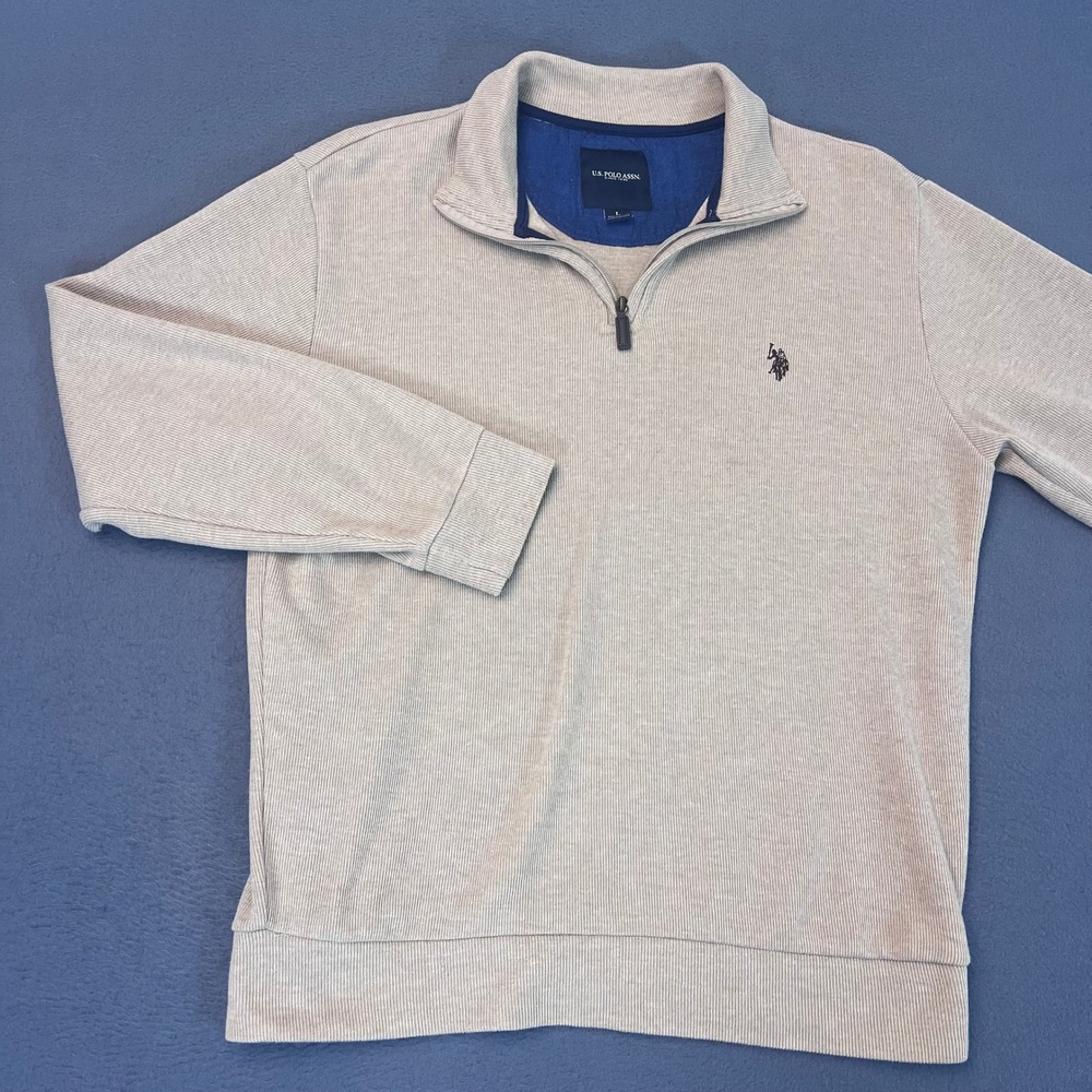 US Polo Assn Mens Large 1/4 Zip Pullover Tan Ribbed Knit Mock Neck Sweater Logo